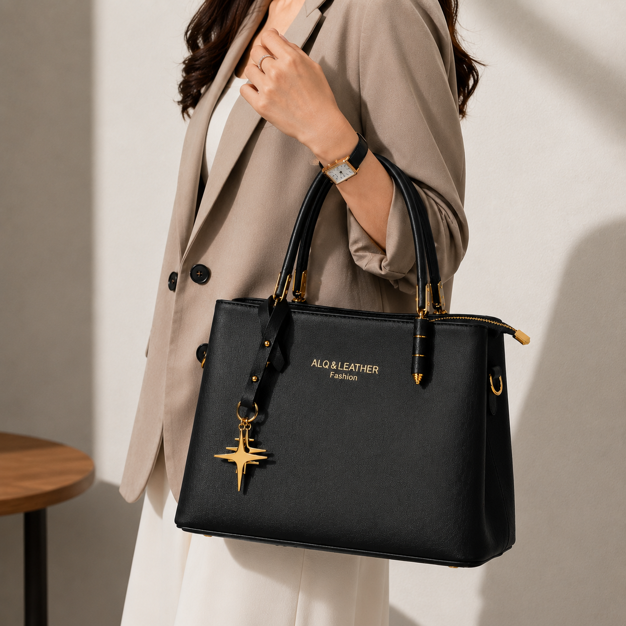 Aurelia Golden Star" Structured Tote Bag — Vegan Leather Work Tote
