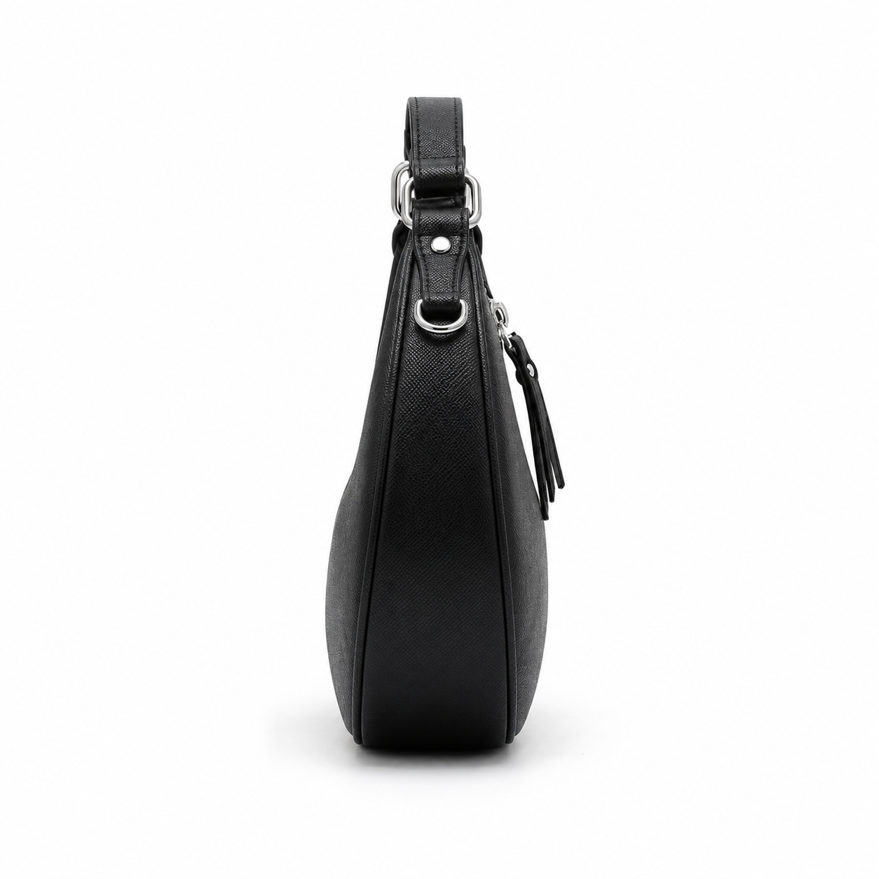 Black crescent-shaped hobo bag with tassel zip pull