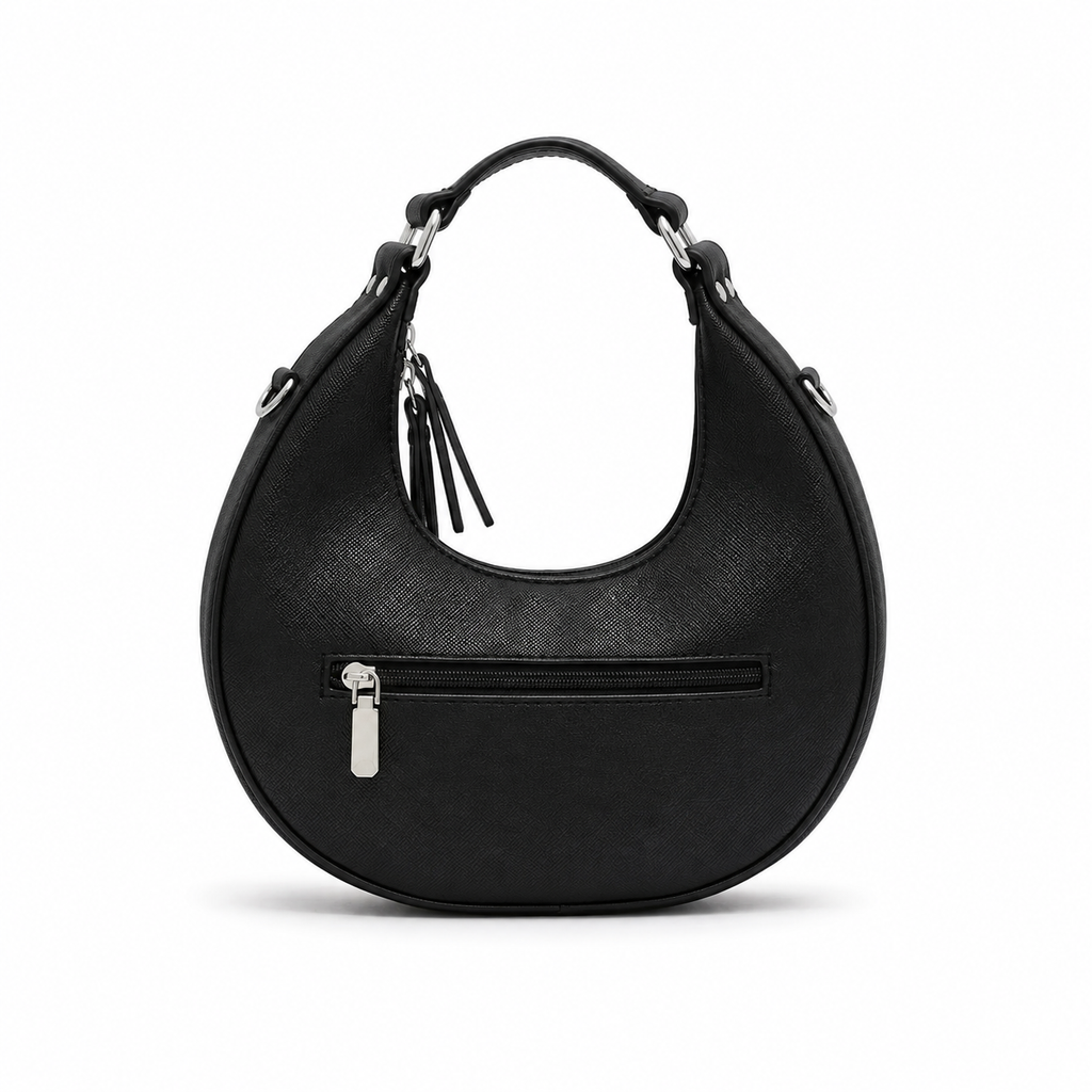 Black crescent-shaped hobo bag with tassel zip pull