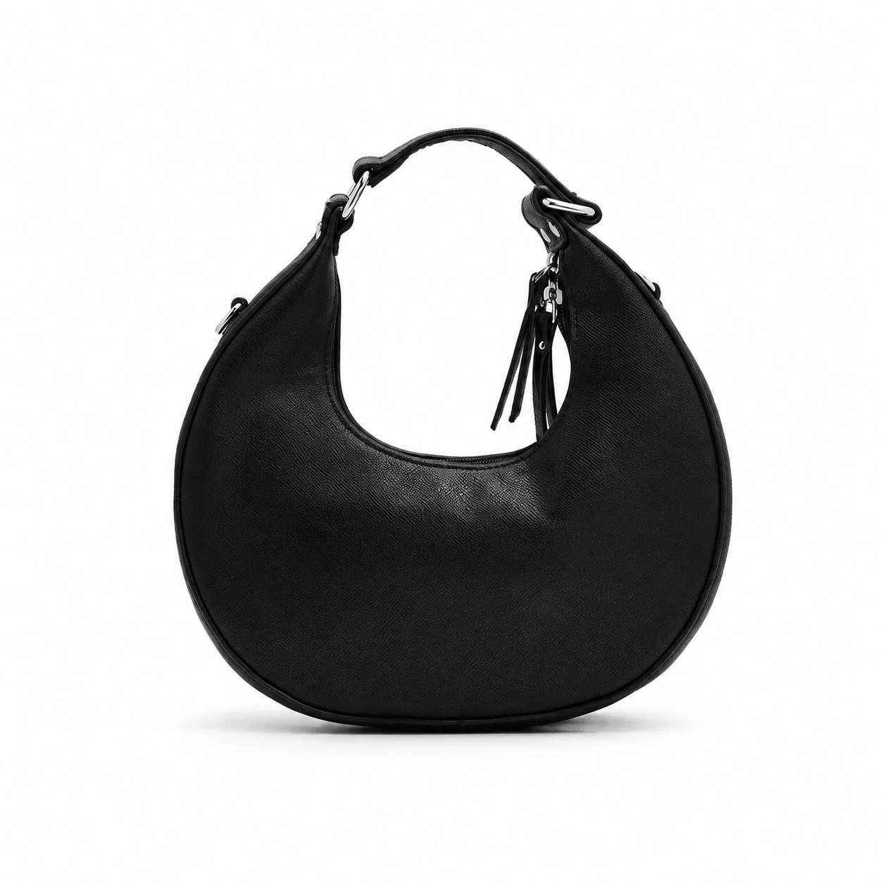 Black crescent-shaped hobo bag with tassel zip pull