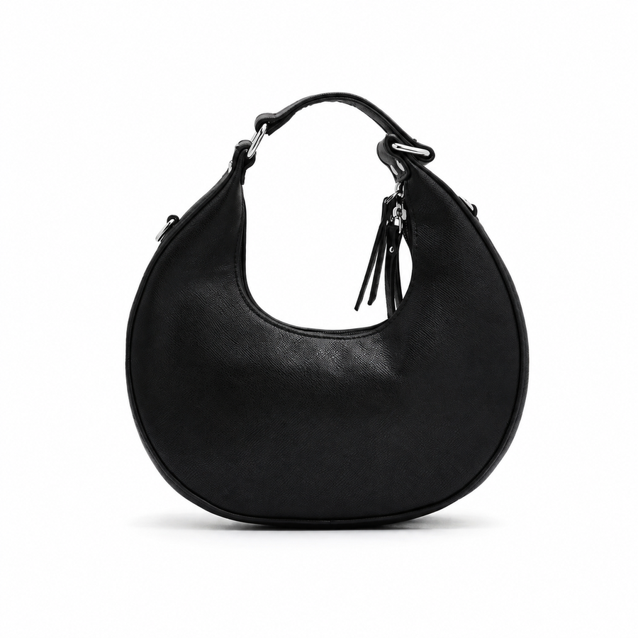 Black crescent-shaped hobo bag with tassel zip pull