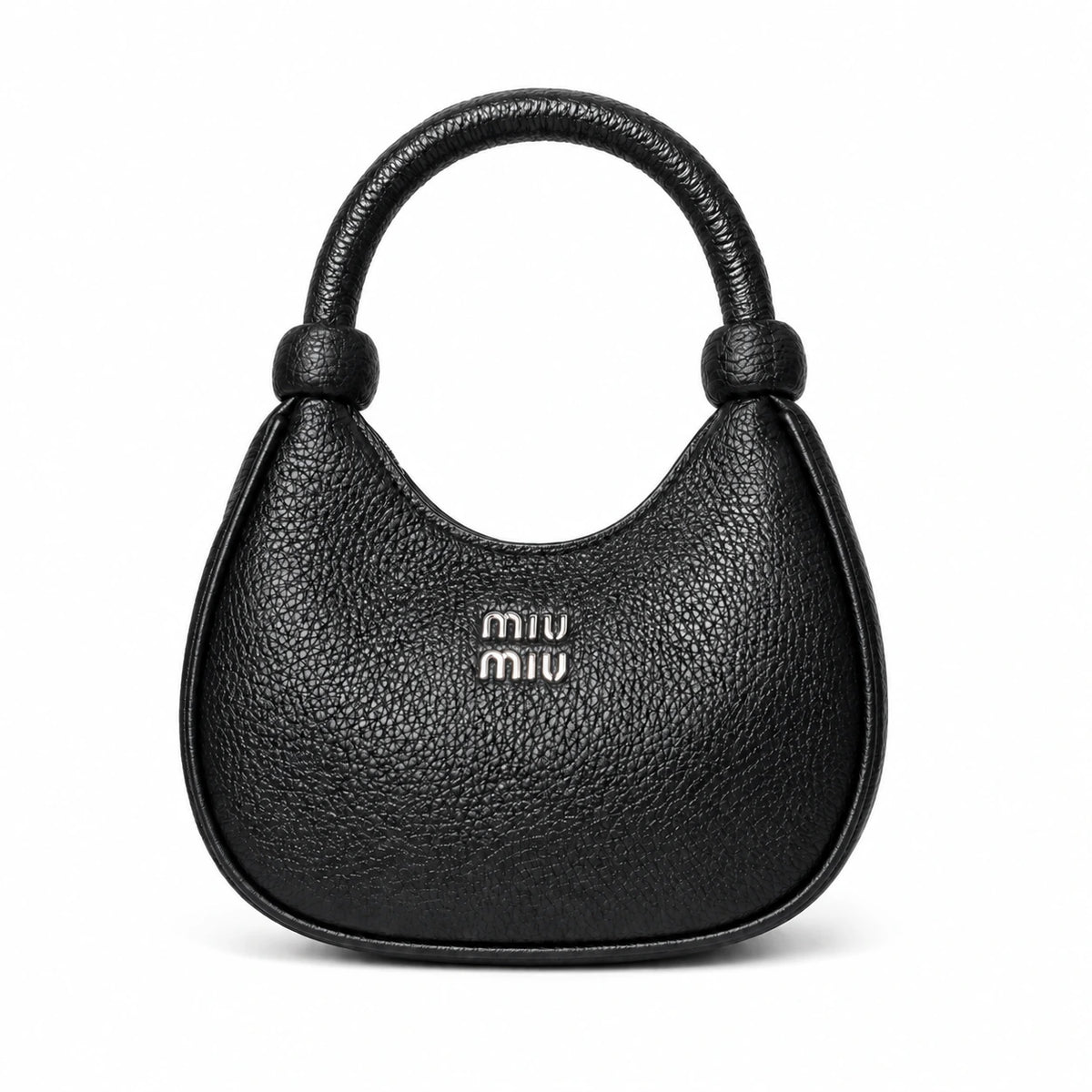 Black pebbled leather mini hobo bag with knotted top handle.