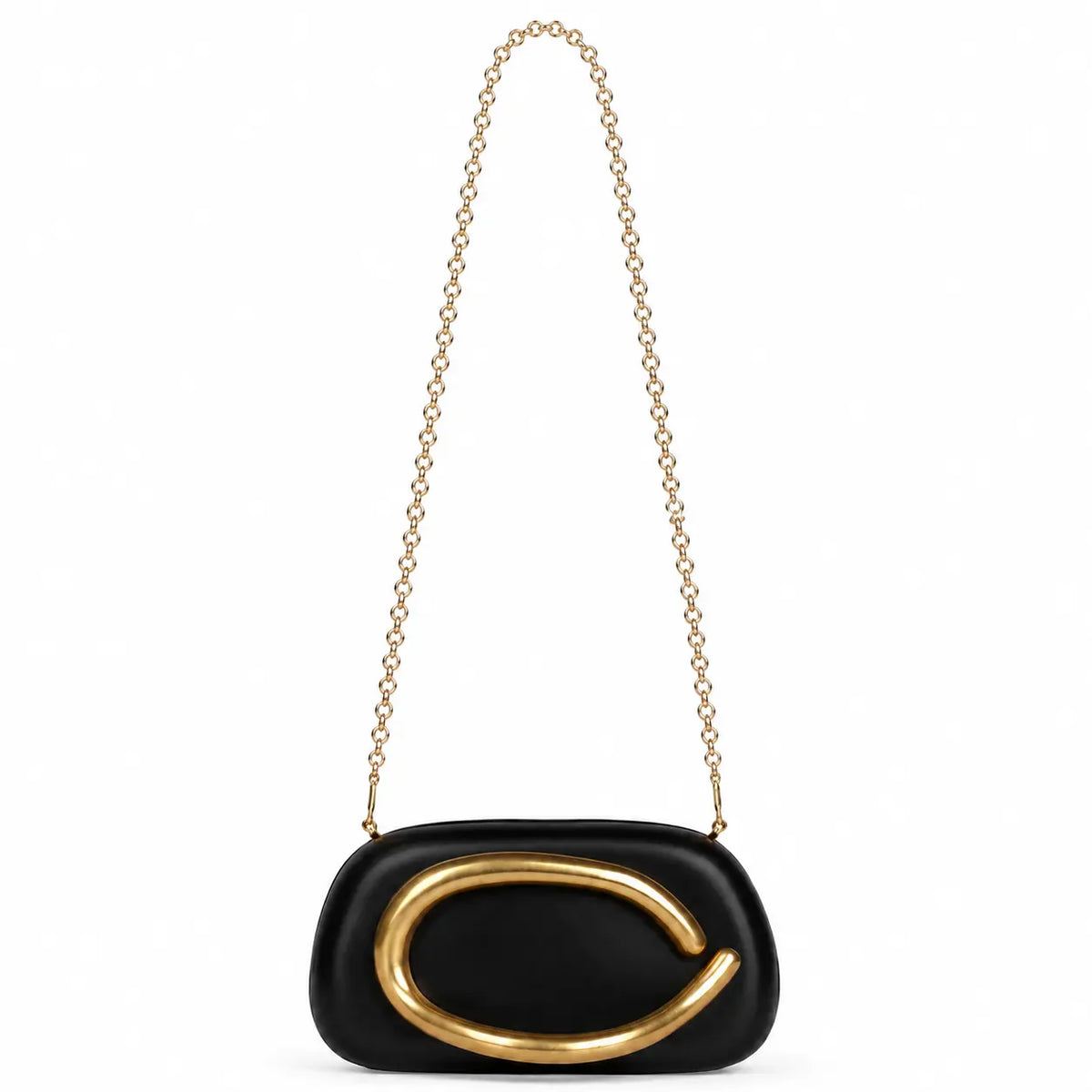 Black pillow clutch with sculptural gold ring handle
