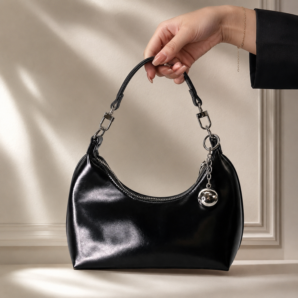 Black vegan leather curved hobo bag with silver orb charm and chain strap