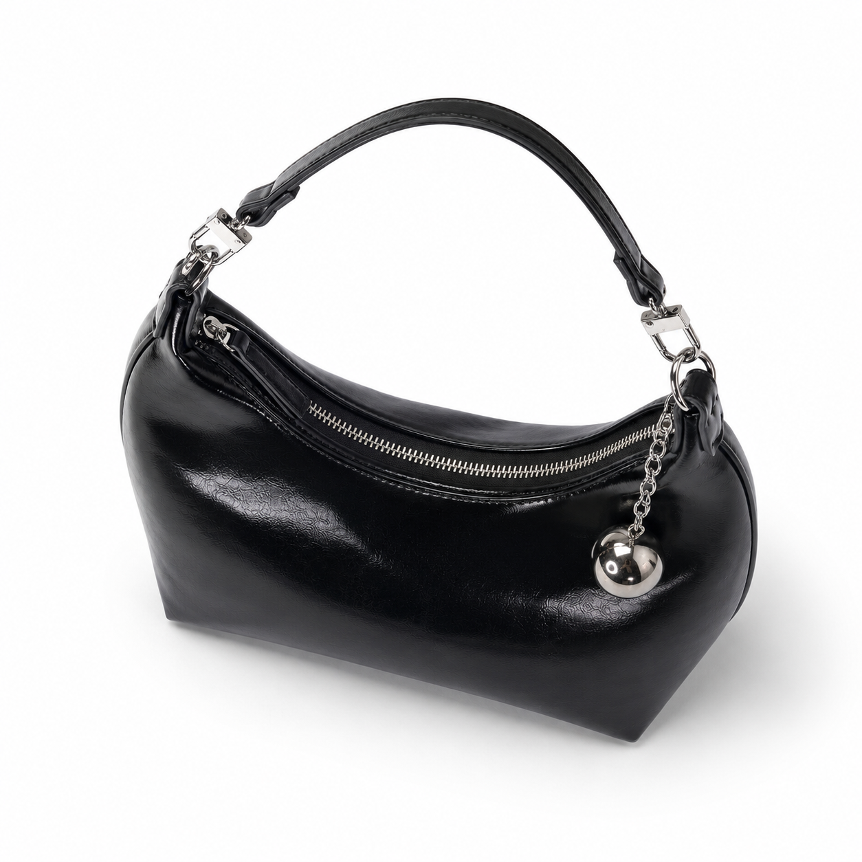Black vegan leather curved hobo bag with silver orb charm and chain strap