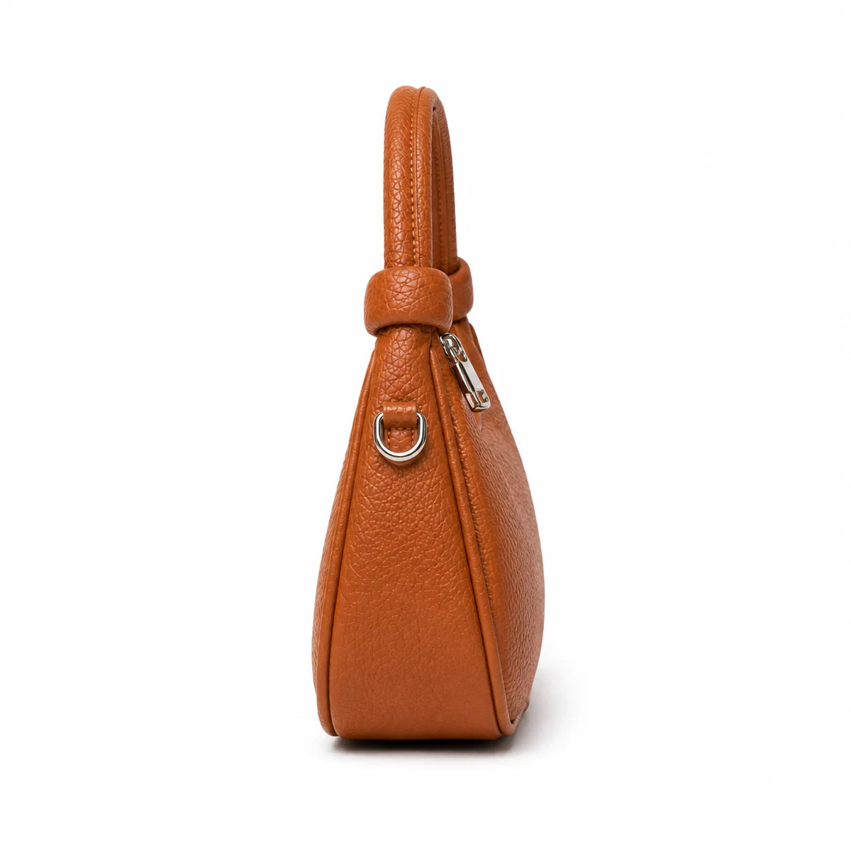 Brown pebbled leather mini hobo bag with knotted top handle.