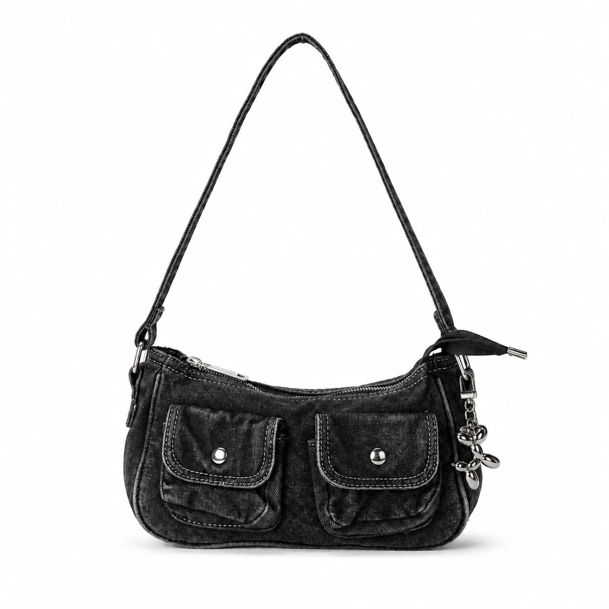 Charcoal Washed Indie Denim Shoulder Bag with Charm