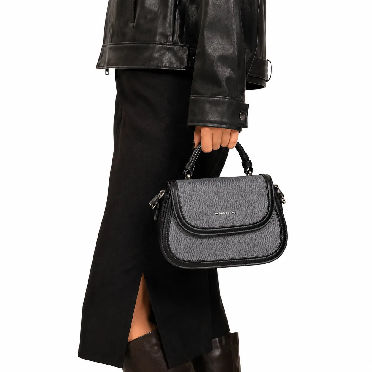 Camille Black Woven Stone Two Tone Saddle Bag 