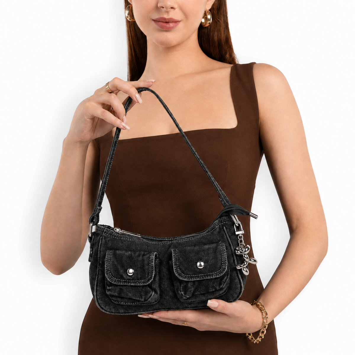 Indie Denim Shoulder Bag with Charm