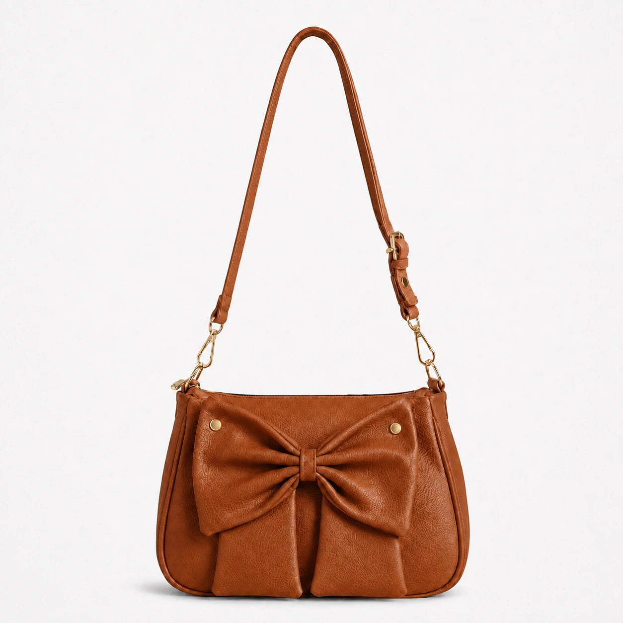 Elegant Cognac brownbow shoulder bag for women with adjustable strap and zip closure by Aorelia