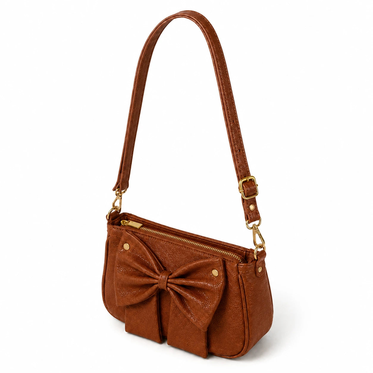 Elegant Cognac brownbow shoulder bag for women with adjustable strap and zip closure by Aorelia