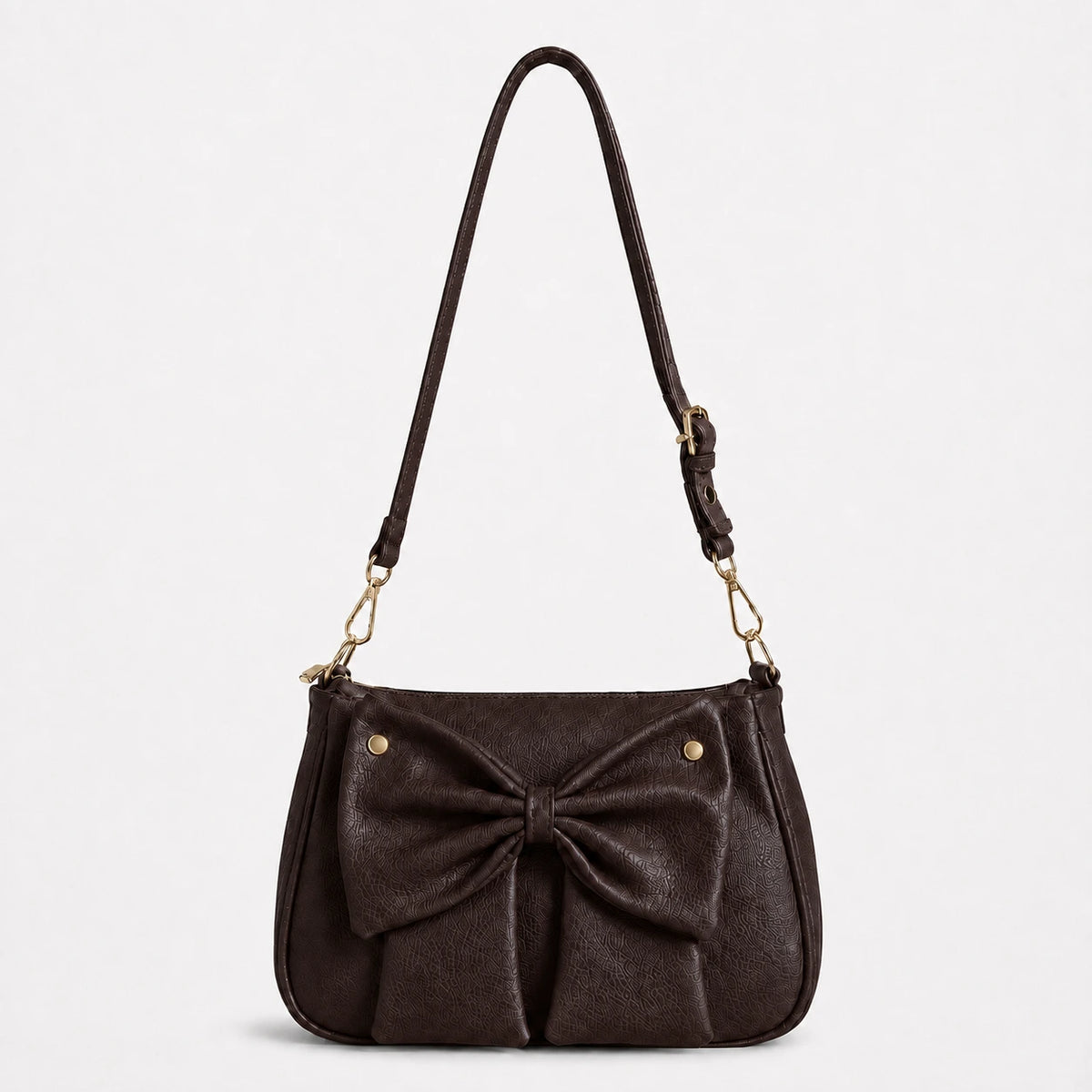 Elegant Dark brown bow shoulder bag for women with adjustable strap and zip closure by Aorelia