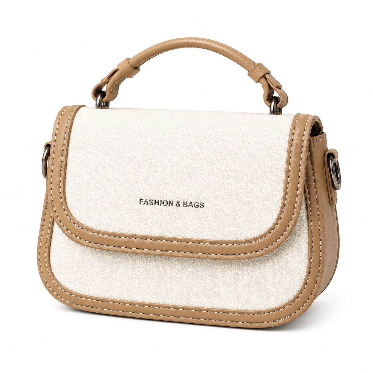 Camille Beige Woven Stone Two Tone Saddle Bag 