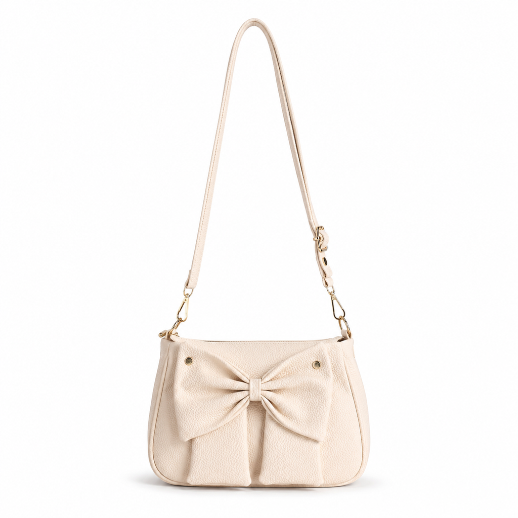 Elegant cream bow shoulder bag for women with adjustable strap and zip closure by Aorelia