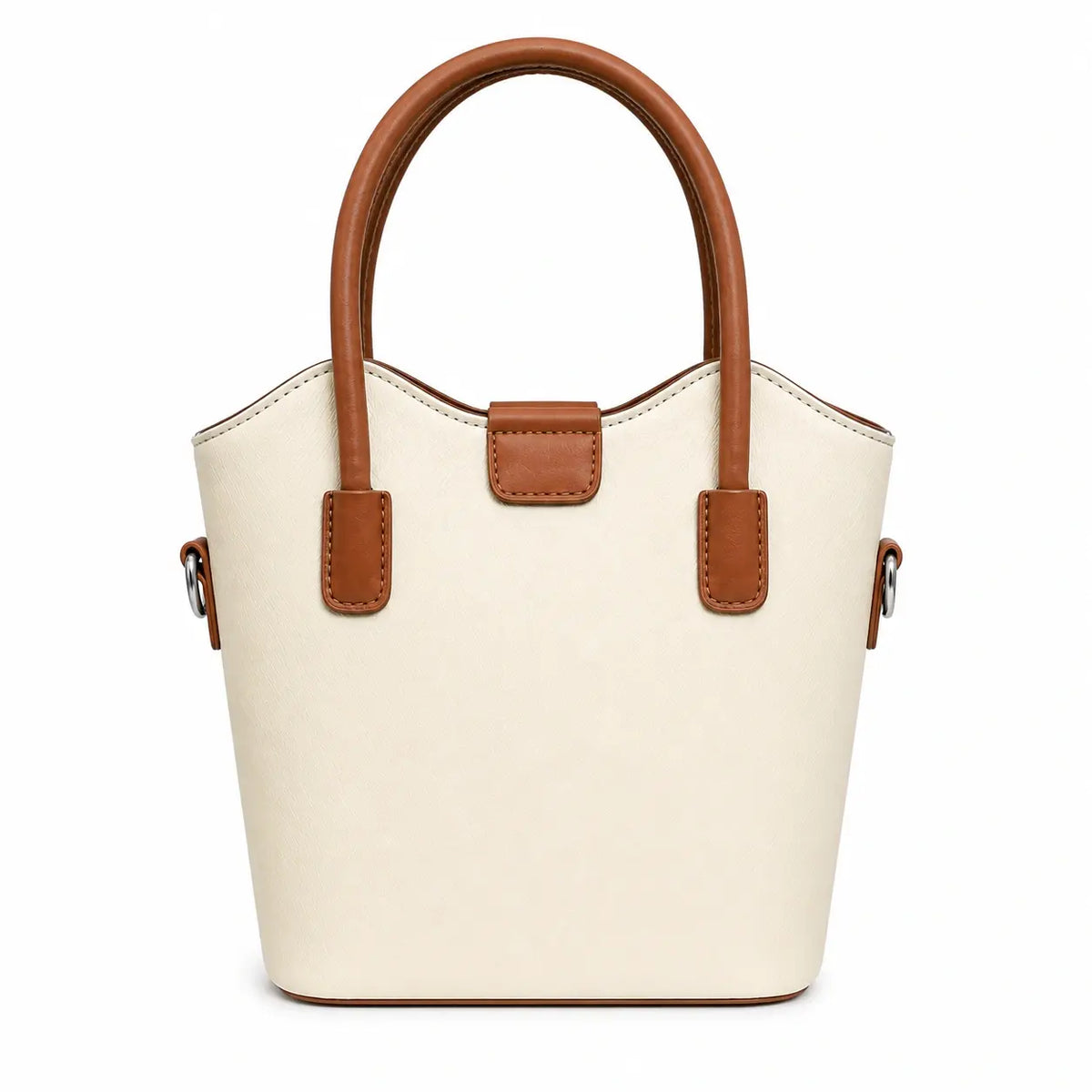 Ivory bucket tote bag with tan trim and pom-pom charm