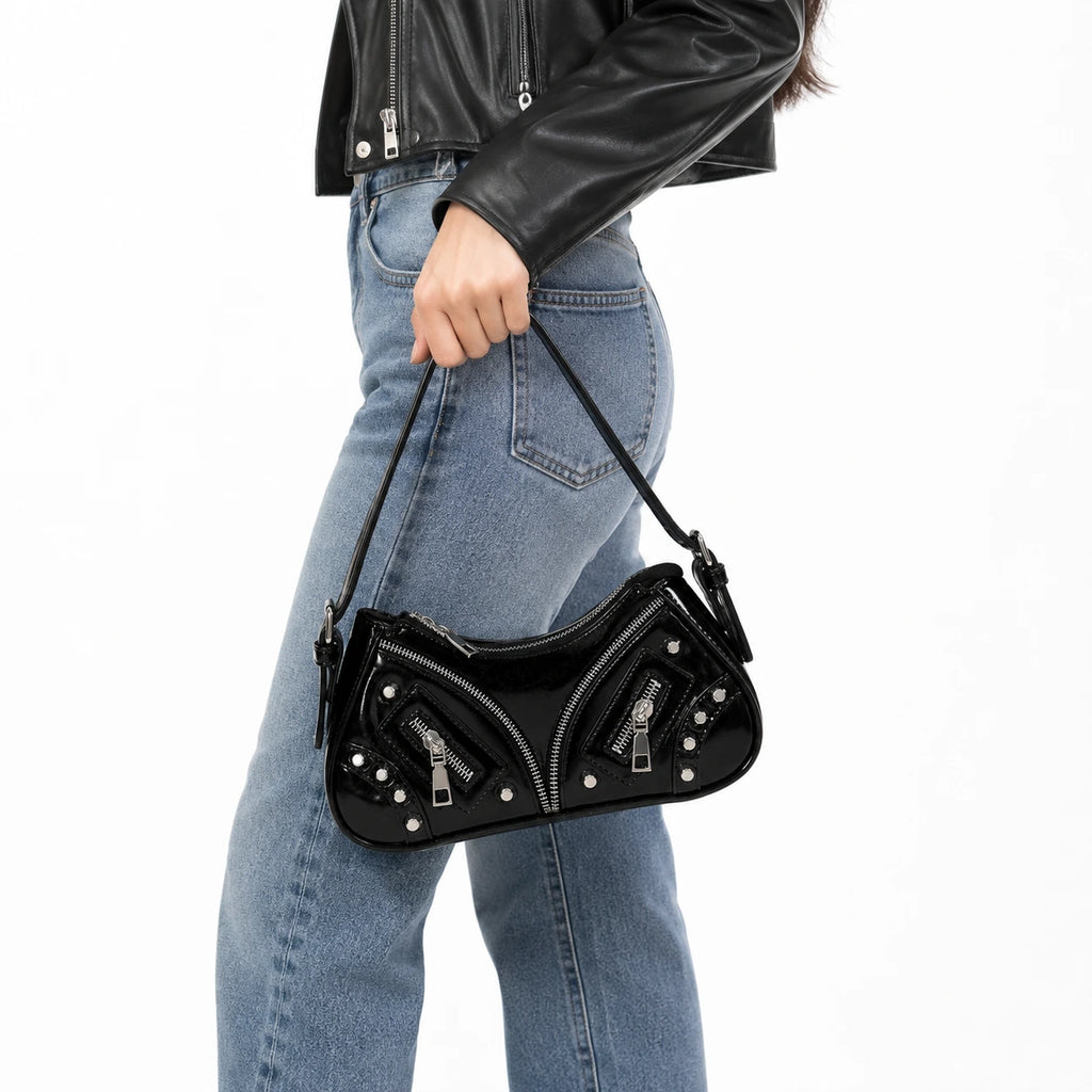Rebel Noir Studded Shoulder Bag Black
