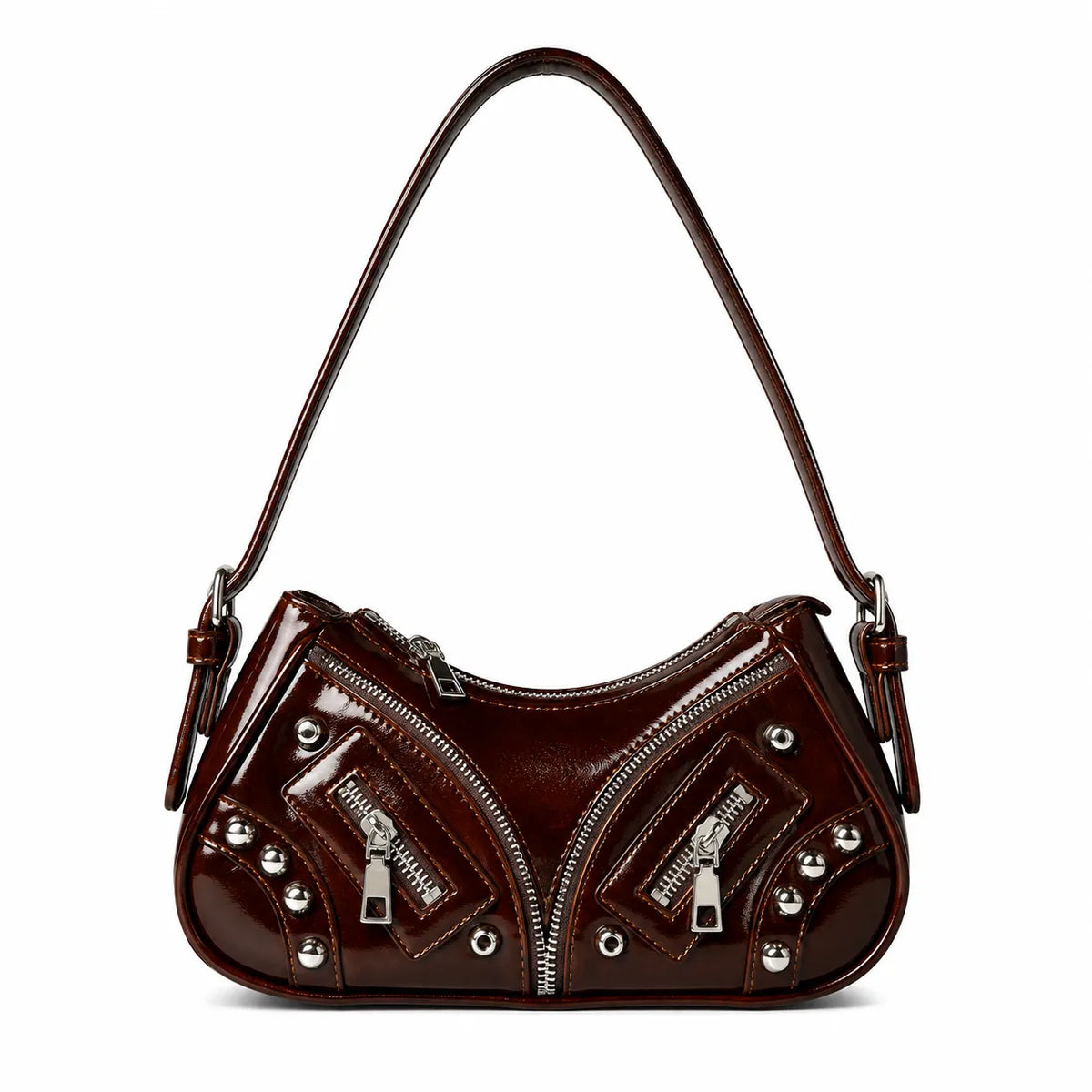 Rebel Noir Studded Shoulder Bag Coffee Brown