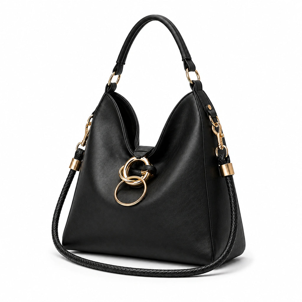 Slouchy hobo bag with gold ring hardware and matching pouch Black