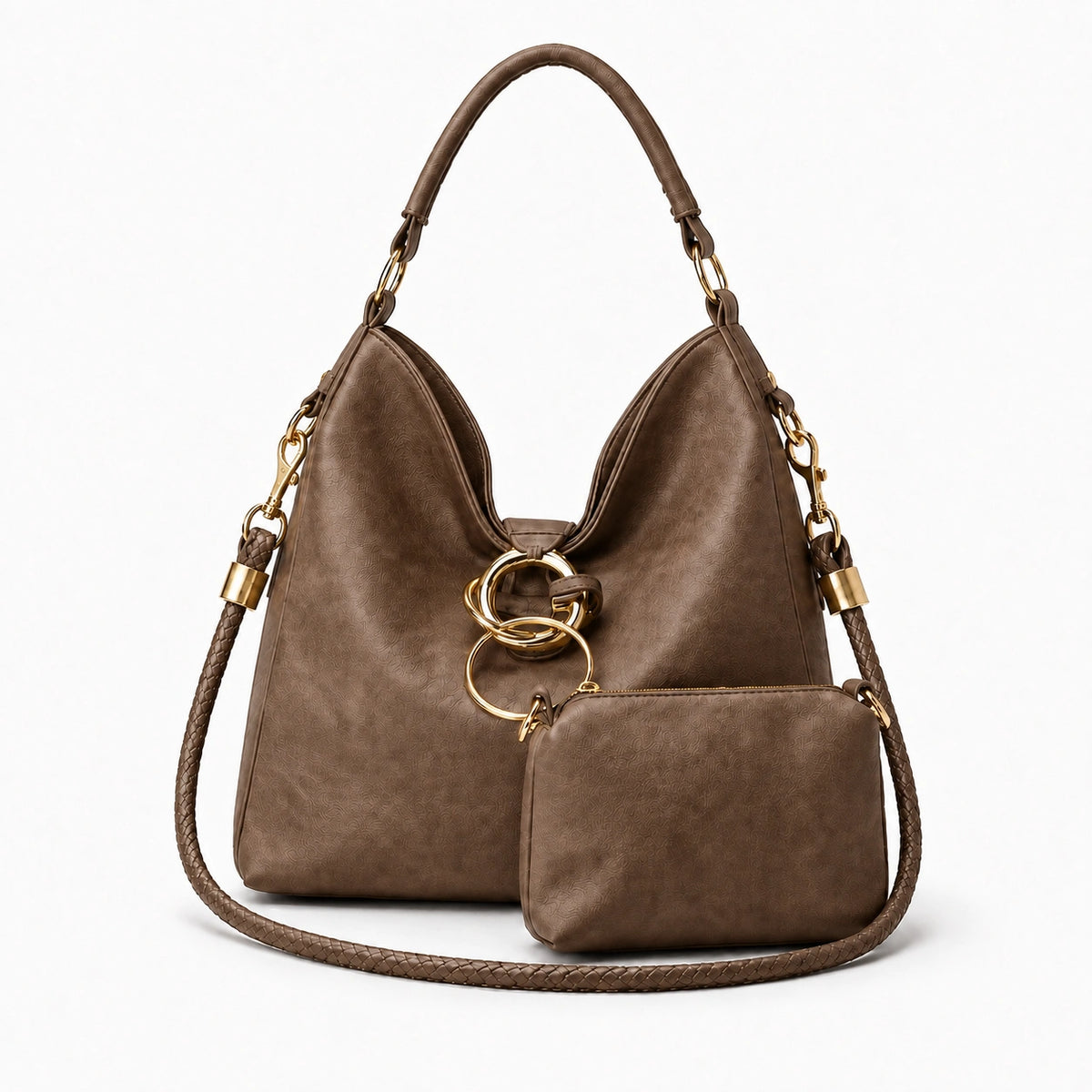 Slouchy hobo bag .with gold ring hardware and matching pouch taupe