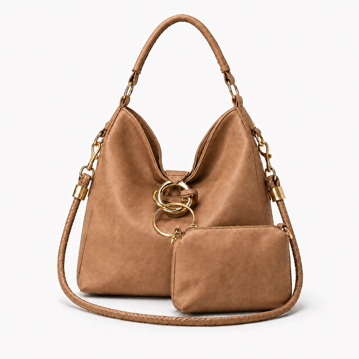 Slouchy hobo bag .with gold ring hardware and matching pouch Brown