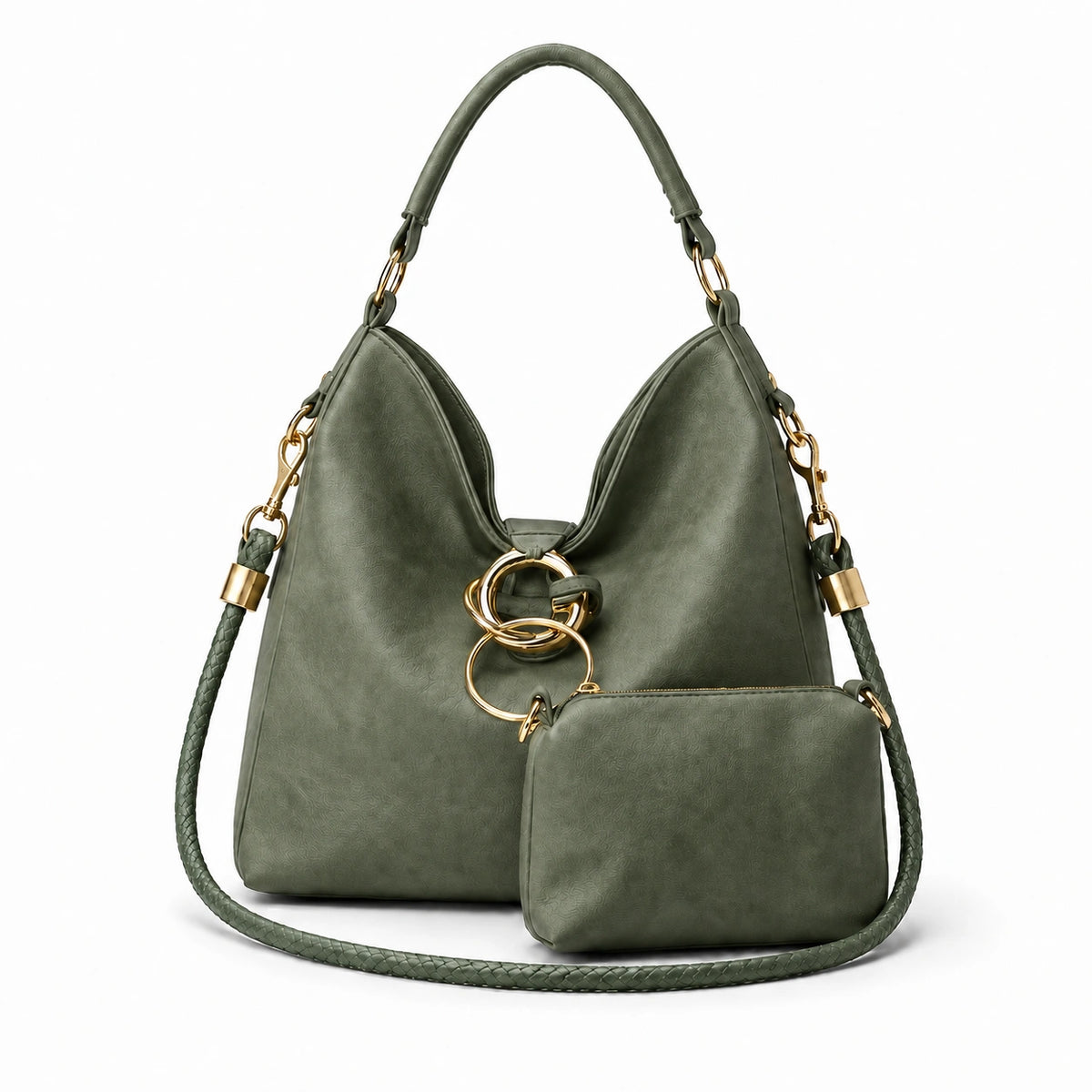 Slouchy hobo bag .with gold ring hardware and matching pouch Sage green