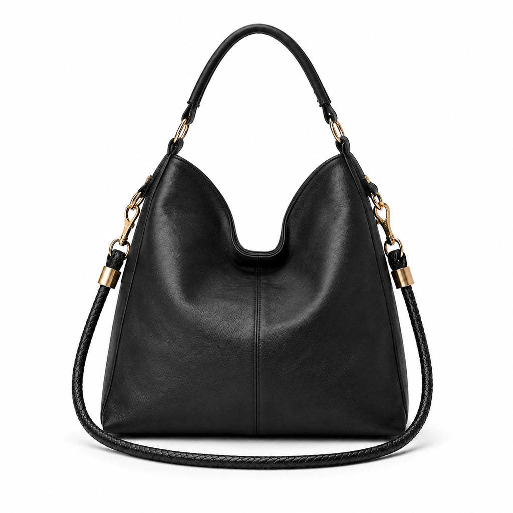 Slouchy hobo bag with gold ring hardware and matching pouch Black