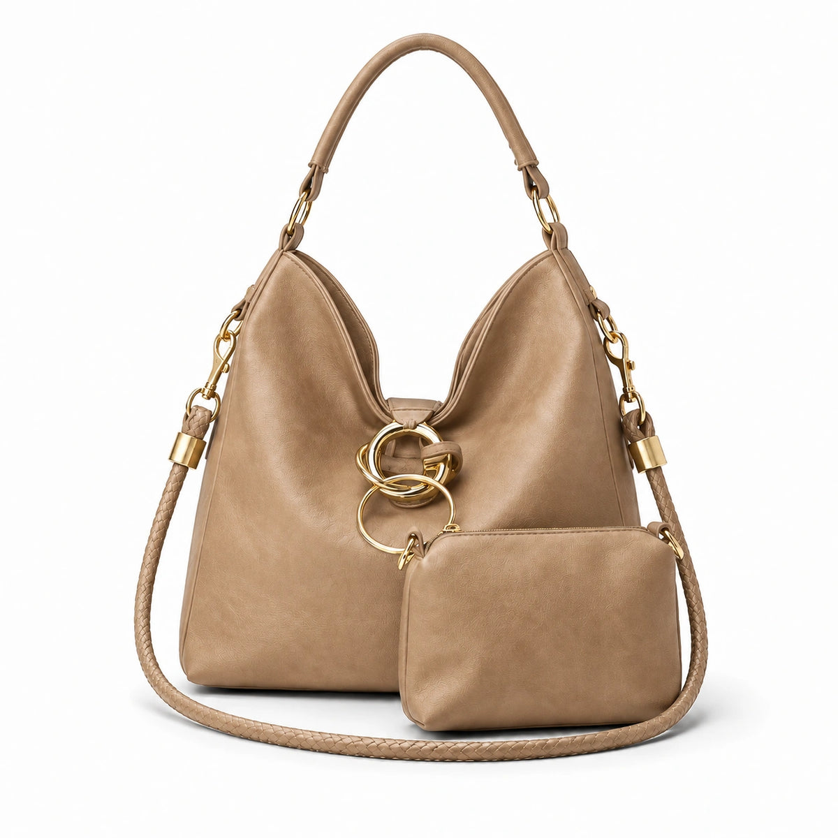 Slouchy hobo bag with gold ring hardware and matching pouch Beige