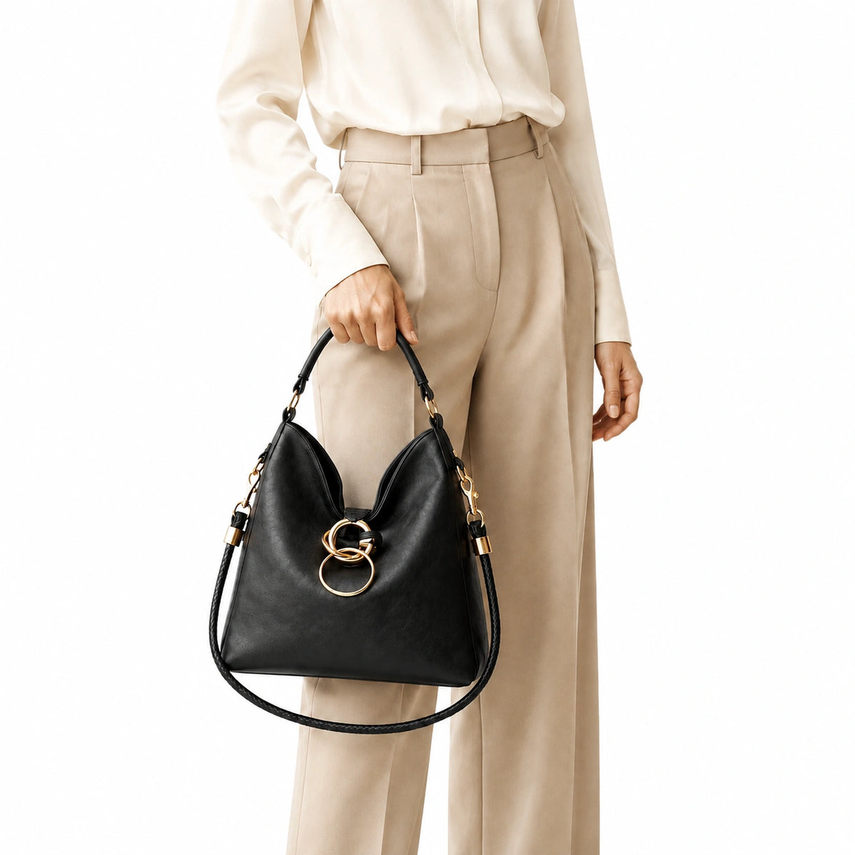 Slouchy hobo bag with gold ring hardware and matching pouch Black