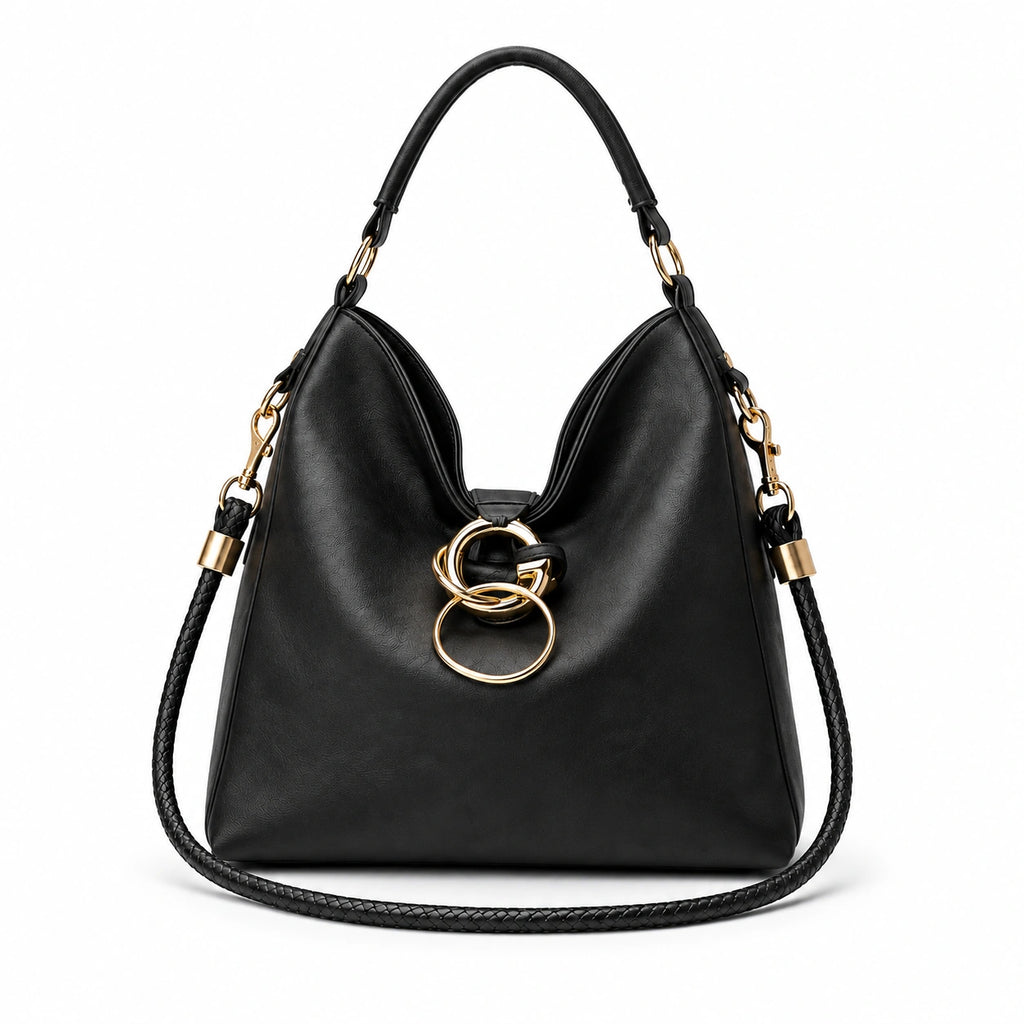 Slouchy hobo bag with gold ring hardware and matching pouch Black