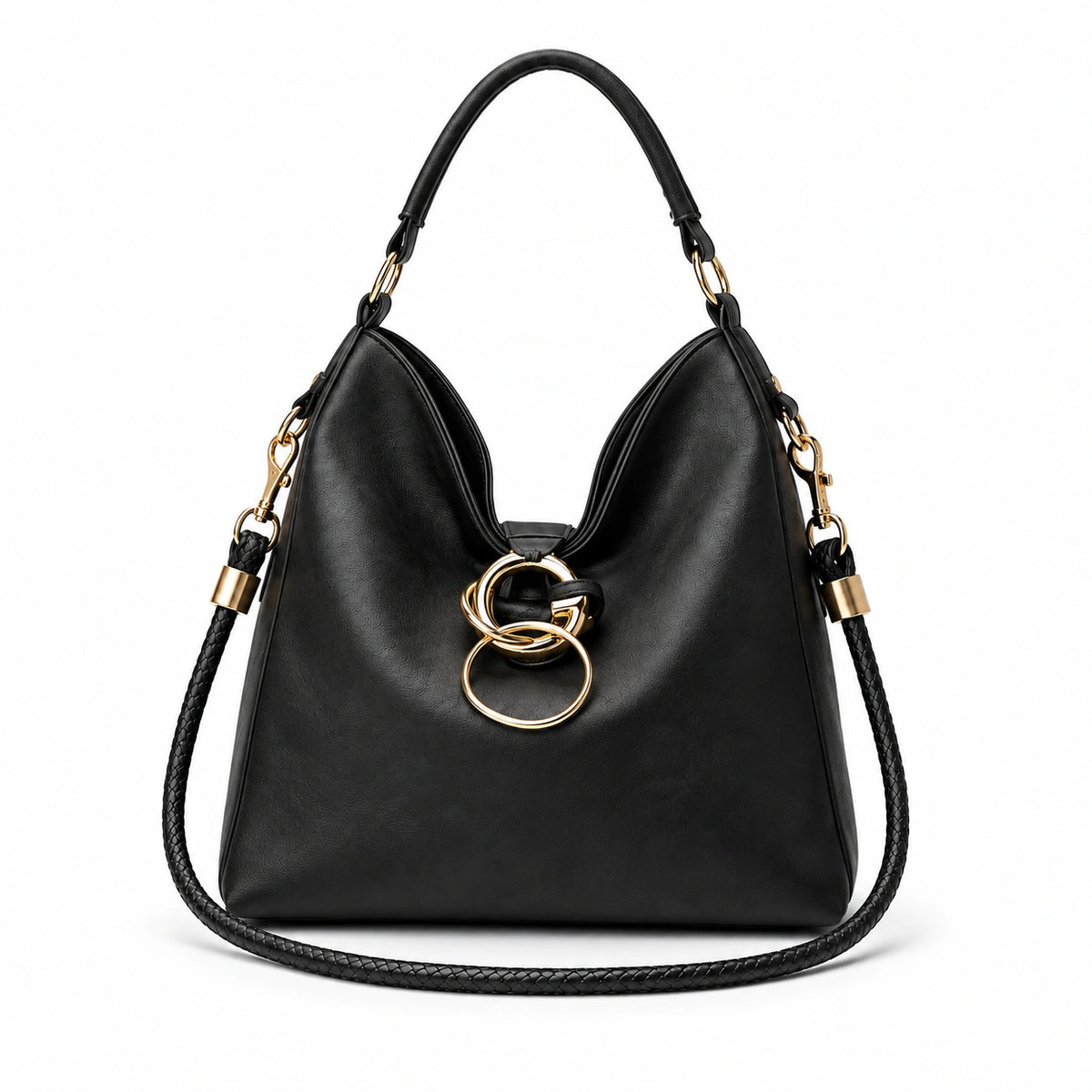 Slouchy hobo bag with gold ring hardware and matching pouch Black