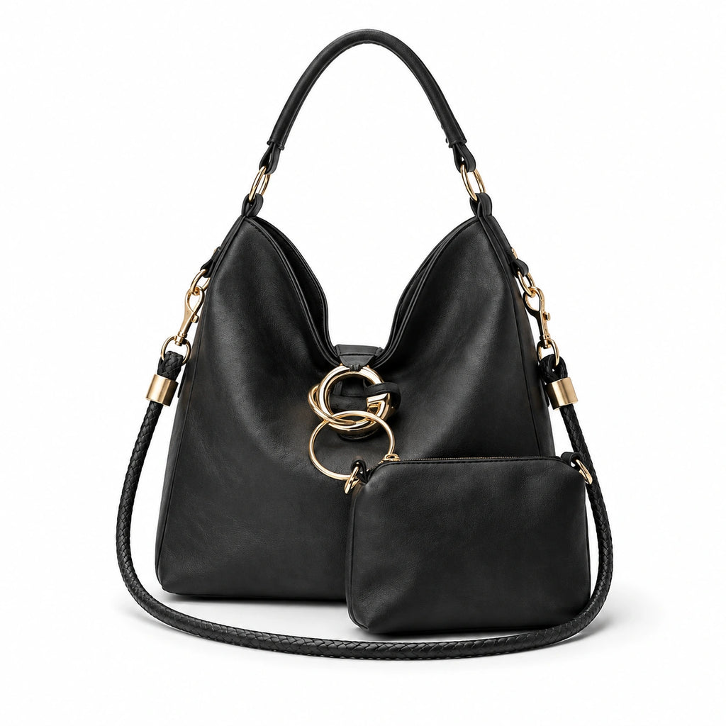 Slouchy hobo bag with gold ring hardware and matching pouch Black