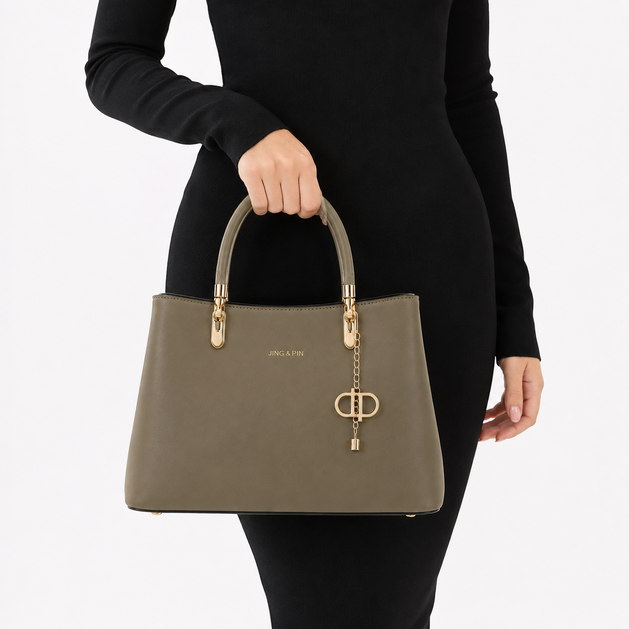 Structured tote bag with elegant metal hardware and signature charm Olive green