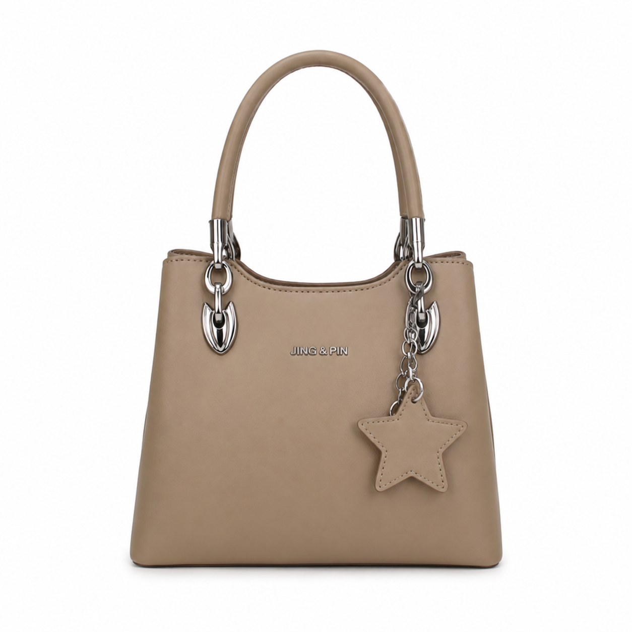 Taupe structured shoulder bag with silver hardware and detachable star charm Beige
