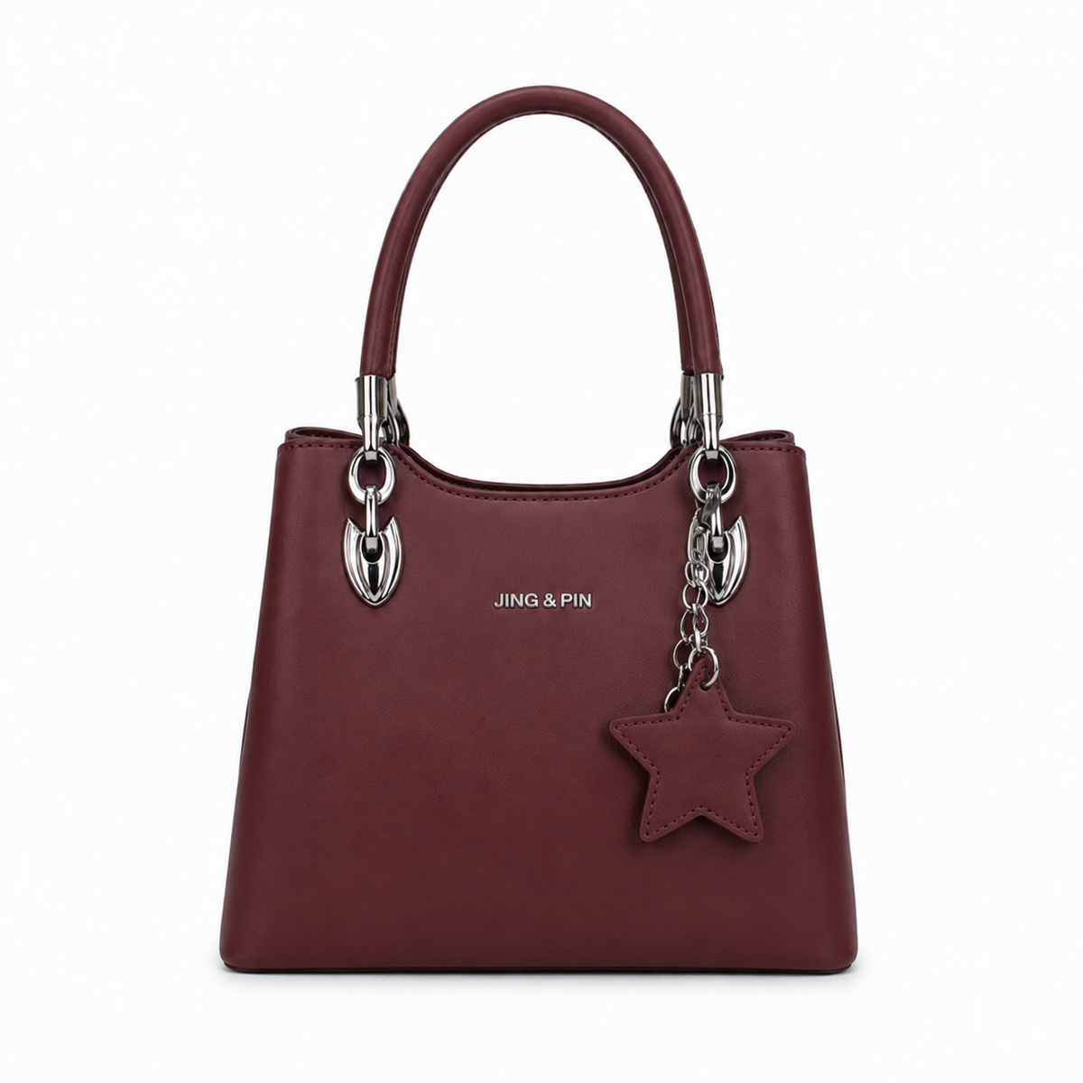 Taupe structured shoulder bag with silver hardware and detachable star charm Burgundy