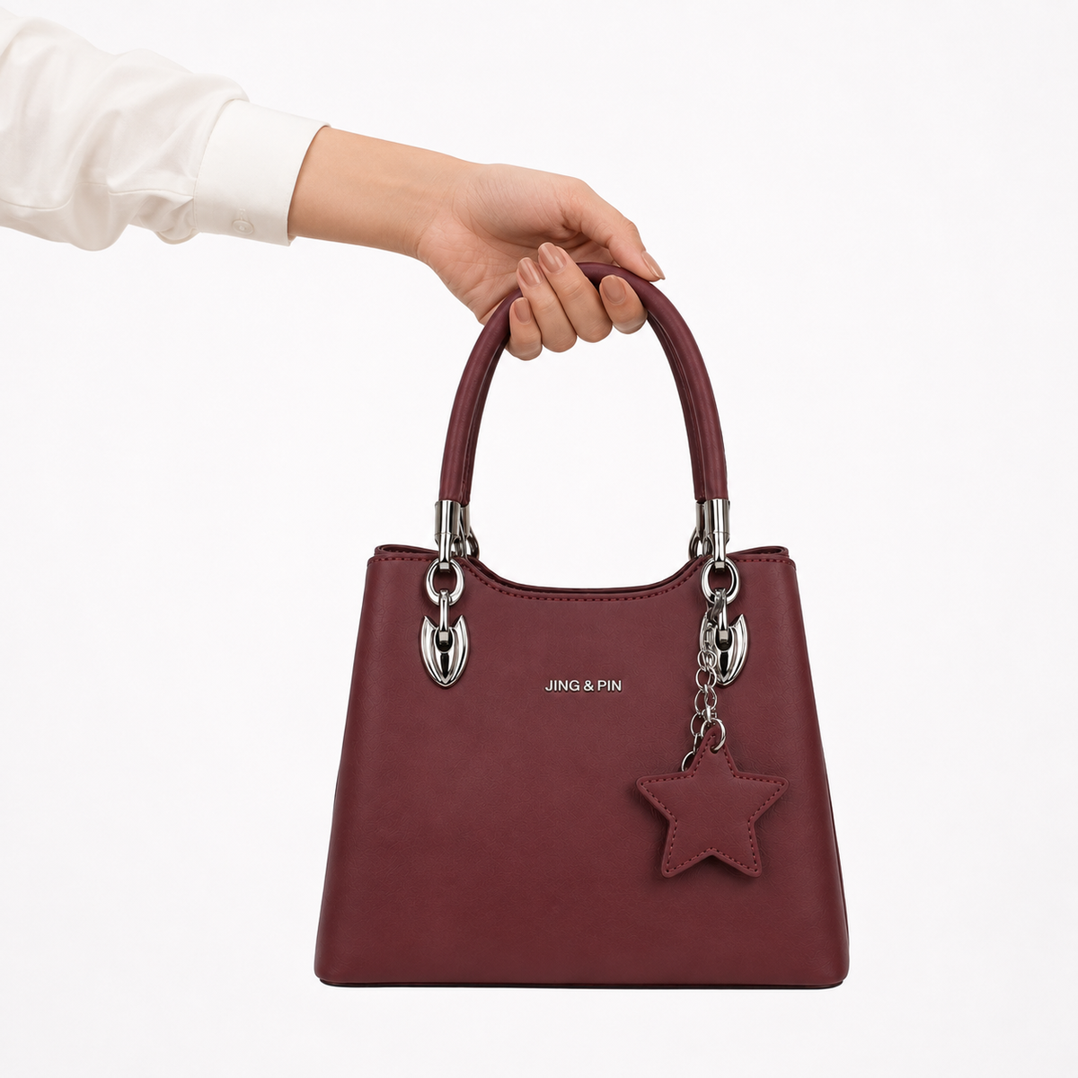 Taupe structured shoulder bag with silver hardware and detachable star charm Burgundy