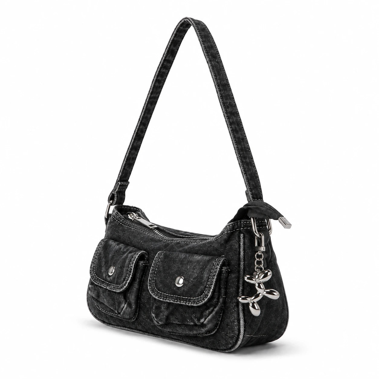 Charcoal Washed Indie Denim Shoulder Bag with Charm