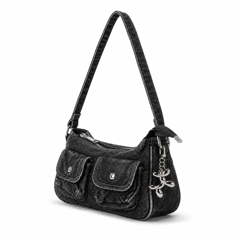 Charcoal Washed Indie Denim Shoulder Bag with Charm