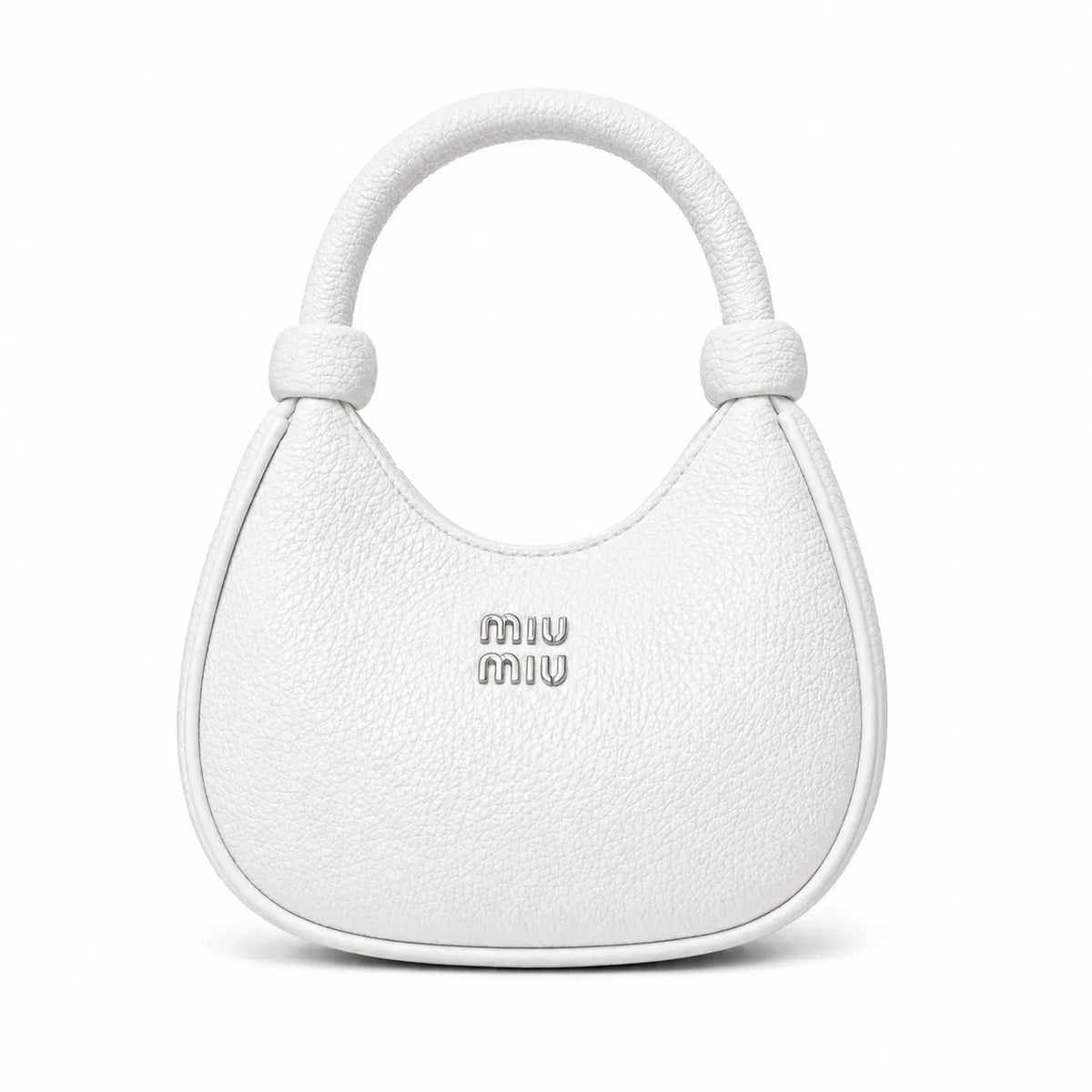 White pebbled leather mini hobo bag with knotted top handle 