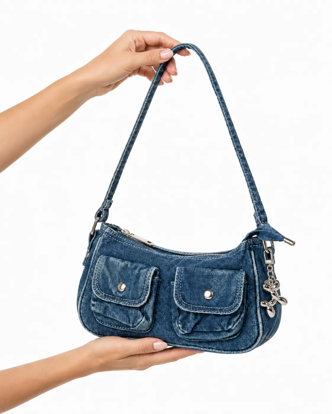 Blue Washed Indie Denim Shoulder Bag with Charm